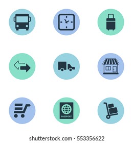 Set Of 9 Simple Distribution Icons. Can Be Found Such Elements As Pushcart, Van, Passport And Other.