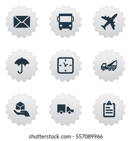 Set Of 9 Simple Distribution Icons. Can Be Found Such Elements As Eviction Vehicle, Gingham, Hand.