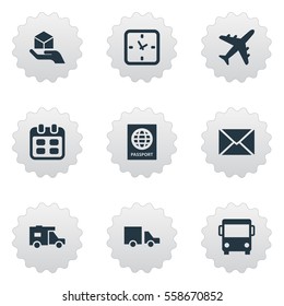 Set Of 9 Simple Distribution Icons. Can Be Found Such Elements As Envelope, Caravan, Van And Other.