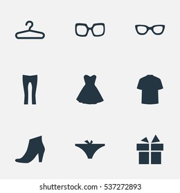 Set Of 9 Simple Dress Icons. Can Be Found Such Elements As Man Clothing, Glasses, Pants And Other.