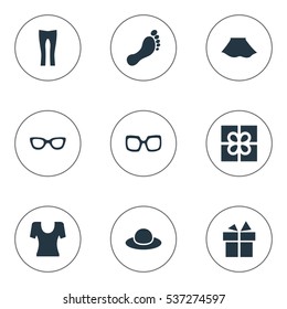 Set Of 9 Simple Dress Icons. Can Be Found Such Elements As Present, Female Cloth, Glasses And Other.