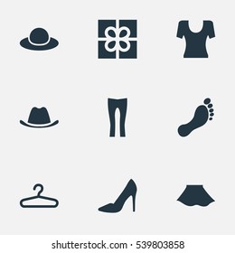 Set Of 9 Simple Dress Icons. Can Be Found Such Elements As Pants, Rack, T-Shirt And Other.