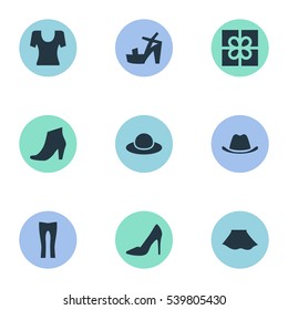 Set Of 9 Simple Dress Icons. Can Be Found Such Elements As Footwear, Head Accessory, T-Shirt And Other.