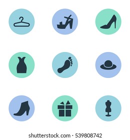 Set Of 9 Simple Dress Icons. Can Be Found Such Elements As Present, Rack, Elegant Headgear And Other.