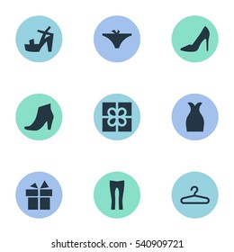 Set Of 9 Simple Dress Icons. Can Be Found Such Elements As Present, Footwear, Pants And Other.