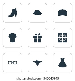 Set Of 9 Simple Dress Icons. Can Be Found Such Elements As Present, Glasses, Attire And Other.