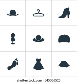 Set Of 9 Simple Dress Icons. Can Be Found Such Elements As Cap, Mannequin, Female Cloth And Other.