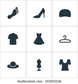 Set Of 9 Simple Dress Icons. Can Be Found Such Elements As Mannequin, Attire, Footwear And Other.