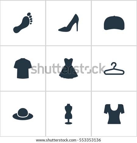 Set Of 9 Simple Dress Icons. Can Be Found Such Elements As Mannequin, Attire, Footwear And Other.