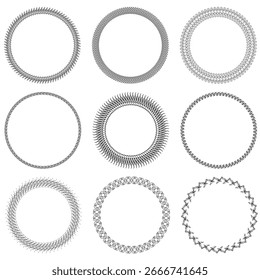 Set von 9 einfachen, einfach zu bedienenden schwarzen runden Vintage-Vektorrahmen auf weißem Hintergrund.Set von 9 einfachen, einfach zu bedienenden schwarzen runden Vintage-Vektorrahmen auf weißem Hintergrund.
