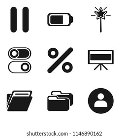 Set Of 9 simple editable icons such as User, Folder, Television, Percent, Switch, Magic wand, Battery, Pause, can be used for mobile, pixel perfect vector icon pack