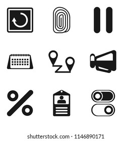 Set Of 9 simple editable icons such as Switch, Id card, Percent, Megaphone, Placeholders, Calendar, Pause, Fingerprint, Restart, can be used for mobile, pixel perfect vector icon pack