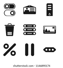 Set Of 9 simple editable icons such as More, Pause, Percent, Picture, Database, Trash, Server, Id card, Switch, can be used for mobile, pixel perfect vector icon pack