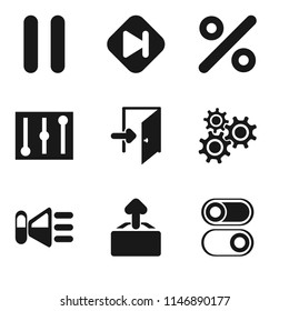 Set Of 9 simple editable icons such as Switch, Upload, Speaker, Settings, Exit, Controls, Percent, Skip, Pause, can be used for mobile, pixel perfect vector icon pack