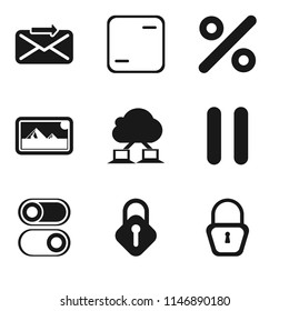 Set Of 9 simple editable icons such as Locked, Lock, Switch, Pause, Cloud computing, Photos, Percent, Frame, Send, can be used for mobile, pixel perfect vector icon pack