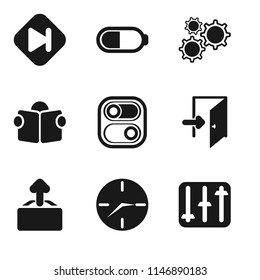 Set Of 9 simple editable icons such as Controls, Clock, Upload, Exit, Switch, Reading, Settings, Battery, Skip, can be used for mobile, pixel perfect vector icon pack