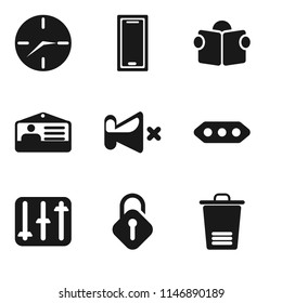 Set Of 9 simple editable icons such as Trash, Unlocked, Controls, More, Mute, Id card, Reading, Smartphone, Clock, can be used for mobile, pixel perfect vector icon pack