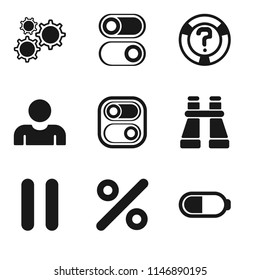 Set Of 9 simple editable icons such as Battery, Percent, Pause, Binoculars, Switch, User, Help, Settings, can be used for mobile, pixel perfect vector icon pack