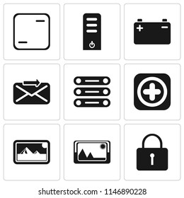Set Of 9 simple editable icons such as Locked, Picture, Photos, Add, Database, Send, Battery, Server, Frame, can be used for mobile, pixel perfect vector icon pack