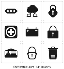 Set Of 9 simple editable icons such as Trash, Locked, Id card, Battery, Add, Lock, Cloud computing, More, can be used for mobile, pixel perfect vector icon pack