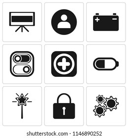 Set Of 9 simple editable icons such as Settings, Locked, Magic wand, Battery, Add, Switch, User, Television, can be used for mobile, pixel perfect vector icon pack