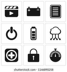 Set Of 9 simple editable icons such as Stopwatch, Locked, Add, Cloud computing, Battery, Switch, Note, Video player, can be used for mobile, pixel perfect vector icon pack
