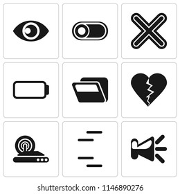 Set Of 9 simple editable icons such as Speaker, Wireless internet, Dislike, Folder, Battery, Multiply, Switch, View, can be used for mobile, pixel perfect vector icon pack
