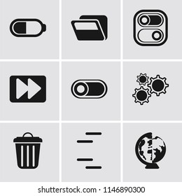 Set Of 9 simple editable icons such as Worldwide, Garbage, Settings, Switch, Fast forward, Folder, Battery, can be used for mobile, pixel perfect vector icon pack