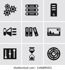 Set Of 9 simple editable icons such as Radar, Hourglass, Controls, Picture, Archive, Speaker, Server, Database, Settings, can be used for mobile, pixel perfect vector icon pack