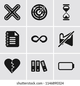 Set Of 9 simple editable icons such as Battery, Archive, Dislike, Muted, Infinity, Notepad, Hourglass, Radar, Multiply, can be used for mobile, pixel perfect vector icon pack