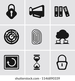 Set Of 9 simple editable icons such as Locked, Hourglass, Restart, Cloud computing, Fingerprint, Radar, Archive, Megaphone, Lock, can be used for mobile, pixel perfect vector icon pack