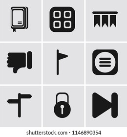 Set Of 9 simple editable icons such as Next, Locked, Menu, Flag, Dislike, Bookmark, Notebook, can be used for mobile, pixel perfect vector icon pack