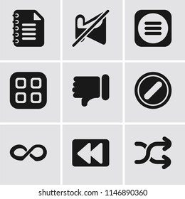 Set Of 9 simple editable icons such as Shuffle, Rewind, Infinity, Forbidden, Dislike, Menu, Muted, Notepad, can be used for mobile, pixel perfect vector icon pack