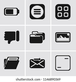 Set Of 9 simple editable icons such as Frame, Send, Folder, Photos, Dislike, Menu, Battery, can be used for mobile, pixel perfect vector icon pack