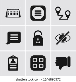 Set Of 9 simple editable icons such as Dislike, Menu, Id card, Hide, Locked, Notification, Placeholders, Calendar, can be used for mobile, pixel perfect vector icon pack