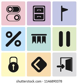 Set Of 9 simple editable icons such as Exit, Back, Locked, Pause, Bookmark, Percent, Flag, Archive, Switch, can be used for mobile, pixel perfect vector icon pack
