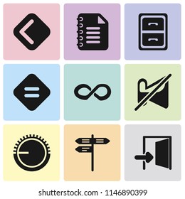 Set Of 9 simple editable icons such as Exit, Street, Volume control, Muted, Infinity, Equal, Archive, Notepad, Back, can be used for mobile, pixel perfect vector icon pack