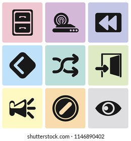 Set Of 9 simple editable icons such as View, Forbidden, Speaker, Exit, Shuffle, Back, Rewind, Wireless internet, Archive, can be used for mobile, pixel perfect vector icon pack
