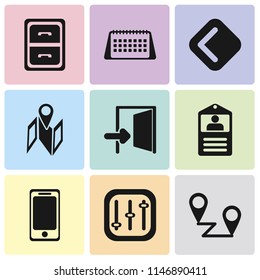 Set Of 9 simple editable icons such as Placeholders, Controls, Smartphone, Id card, Exit, Map, Back, Calendar, Archive, can be used for mobile, pixel perfect vector icon pack