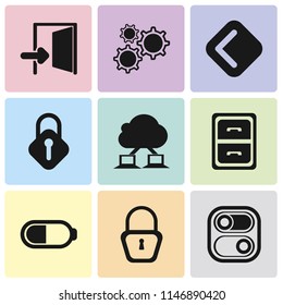 Set Of 9 simple editable icons such as Switch, Locked, Battery, Archive, Cloud computing, Lock, Back, Settings, Exit, can be used for mobile, pixel perfect vector icon pack