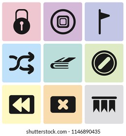 Set Of 9 simple editable icons such as Bookmark, Close, Rewind, Forbidden, Notebook, Shuffle, Flag, Stop, Locked, can be used for mobile, pixel perfect vector icon pack