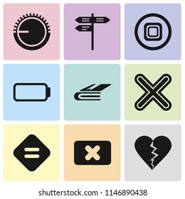 Set Of 9 simple editable icons such as Dislike, Close, Equal, Multiply, Notebook, Battery, Stop, Street, Volume control, can be used for mobile, pixel perfect vector icon pack