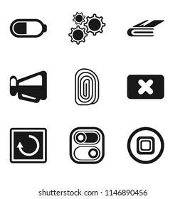 Set Of 9 simple editable icons such as Stop, Switch, Restart, Close, Fingerprint, Megaphone, Notebook, Settings, Battery, can be used for mobile, pixel perfect vector icon pack