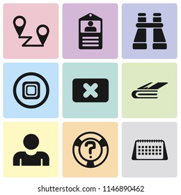 Set Of 9 simple editable icons such as Calendar, Help, User, Notebook, Close, Stop, Binoculars, Id card, Placeholders, can be used for mobile, pixel perfect vector icon pack