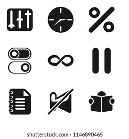 Set Of 9 simple editable icons such as Reading, Muted, Notepad, Pause, Infinity, Switch, Percent, Clock, Controls, can be used for mobile, pixel perfect vector icon pack