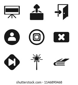 Set Of 9 simple editable icons such as Notebook, Magic wand, Skip, Close, Stop, User, Exit, Upload, Television, can be used for mobile, pixel perfect vector icon pack