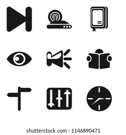 Set Of 9 simple editable icons such as Clock, Controls, Reading, Speaker, View, Notebook, Wireless internet, Next, can be used for mobile, pixel perfect vector icon pack