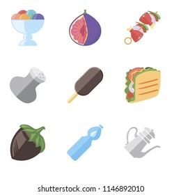 Set Of 9 simple editable icons such as Teapot, Water, Hazelnut, Taco, Ice cream, Salt, Kebab, Fig, can be used for mobile, pixel perfect vector icon pack