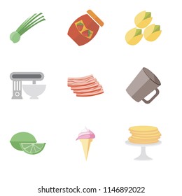 Set Of 9 simple editable icons such as Pancakes, Ice cream, Lime, Mug, Bacon, Mixer, Pistachio, Jam, Chives, can be used for mobile, pixel perfect vector icon pack