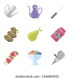 Set Of 9 simple editable icons such as Grinder, Ice cream, Kebab, Jam, Pear, Potatoes, Fork, Teapot, can be used for mobile, pixel perfect vector icon pack